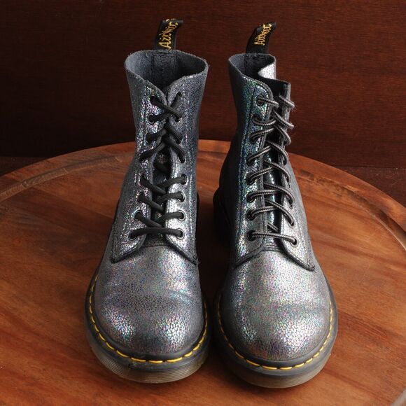 Dr. Martens Combat Boots Womens SZ 8 Gray Iridescent Pascal Lace Up 8 Eye Casual - Picture 2 of 16